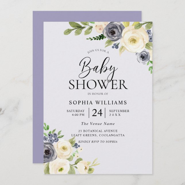Dusty Blue Floral Navy Boys Baby Shower Invitation (Front/Back)