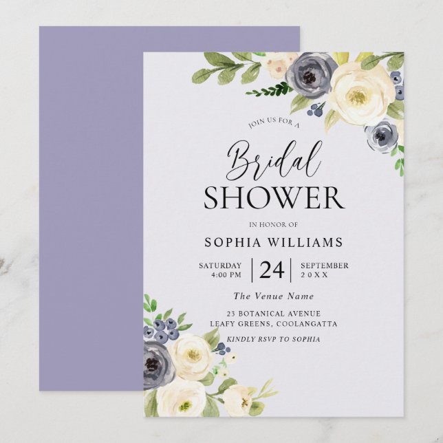 Dusty Blue Floral Navy Watercolor Bridal Shower Invitation (Front/Back)