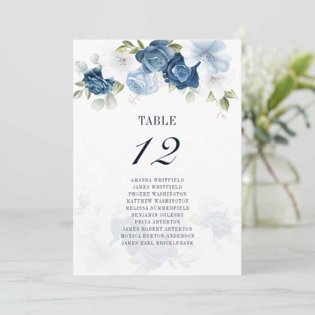 Dusty Blue Floral Number 12 Wedding Seating Chart Invitation (Standing Front)