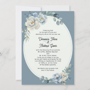 Dusty Blue Floral Oval Frame Wedding Invitation