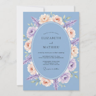 Dusty Blue Floral Oval Wedding Invitation