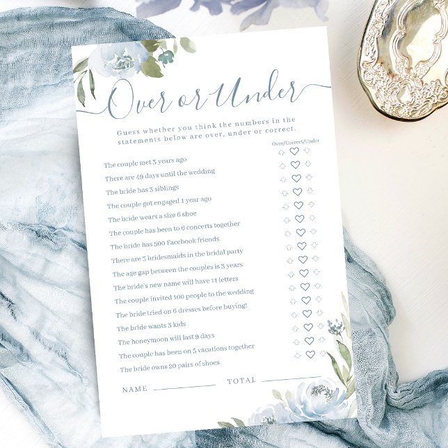 Dusty blue floral Over or Under bridal shower game (Dusty blue floral Over or Under bridal shower game)