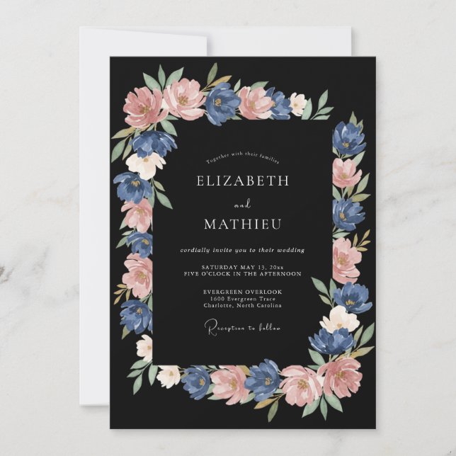 Dusty Blue Floral Painterly Wedding Invitation (Front)