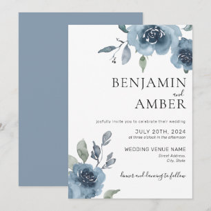 Dusty Blue Floral Pastel Boho Minimalist Wedding Invitation