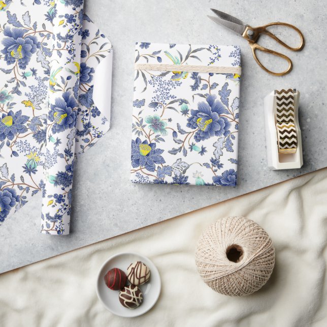 dusty blue floral pattern wrapping paper (Crafts)