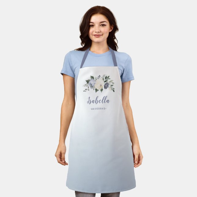 Dusty blue floral personalized bridesmaid apron (Worn)