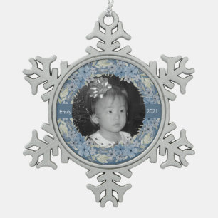 Dusty Blue Floral Personalized  Snowflake Pewter Christmas Ornament