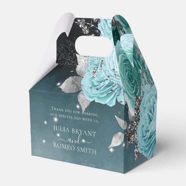 Dusty Blue Floral Personalized Wedding Favor Box (Front Side)