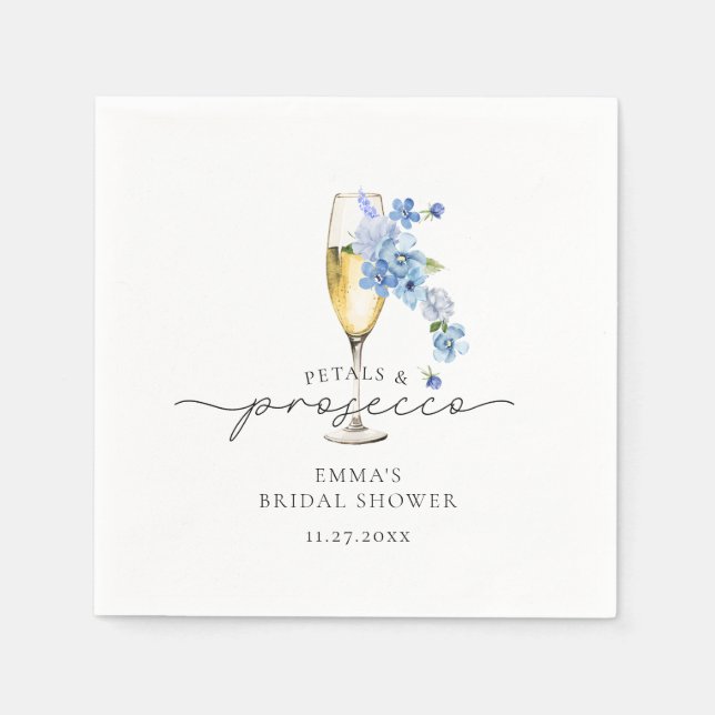 Dusty Blue Floral Petals & Prosecco Bridal Shower Napkin (Front)