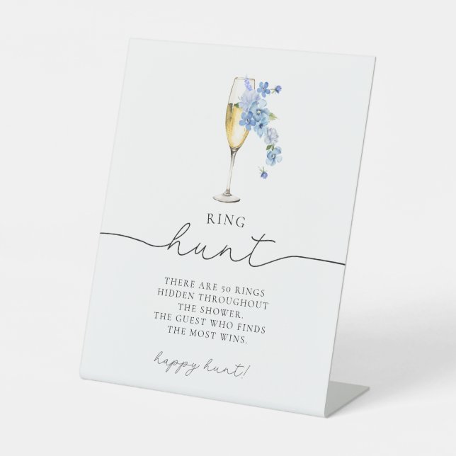 Dusty Blue Floral Petals & Prosecco Ring Hunt Pedestal Sign (Front)
