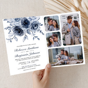 Dusty Blue Floral Photo Collage QR Code Wedding Invitation