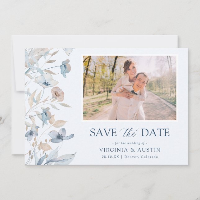 Dusty Blue Floral Photo Save The Date (Front)