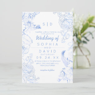 Dusty Blue Floral Photo Wedding Invitation