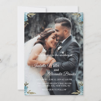 Dusty Blue Floral Photo Wedding Invitation