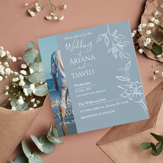 Dusty Blue Floral Photo Wedding Invitation (Creator Uploaded)