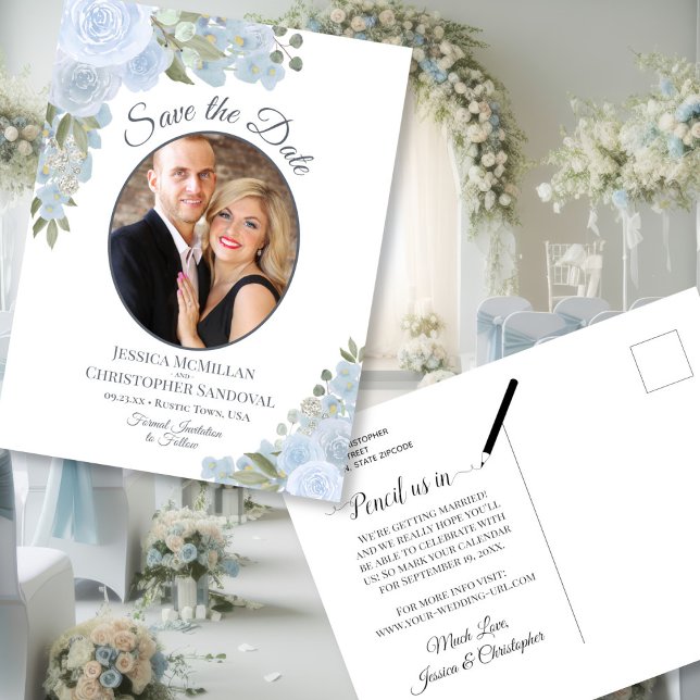 Dusty Blue Floral & Photo Wedding Save the Date Announcement Postcard (front/back)