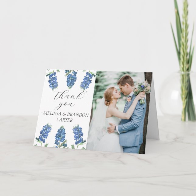 Dusty Blue Floral Photo Wedding Thank you  (Front)