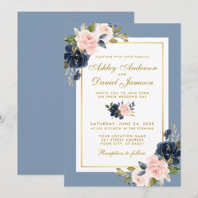 Dusty Blue Floral Pink Blush Gold Frame Wedding Invitation (Front/Back)