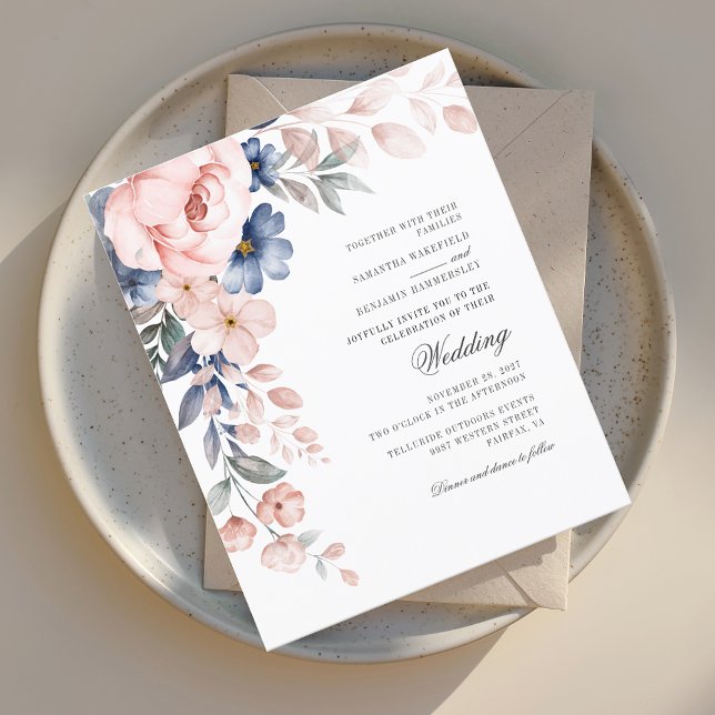 Dusty Blue Floral Pink Watercolor Wedding Invite (Watercolor Floral Pink Script Budget Wedding Invitation)