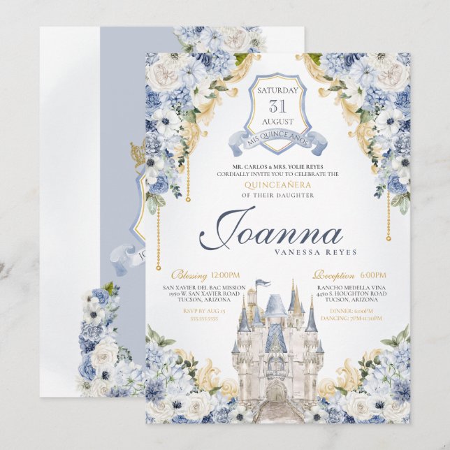 Dusty Blue Floral Princess Castle Royal Quince Invitation (Front/Back)