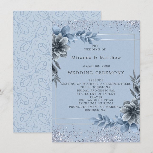Dusty Blue Floral programme de mariage en argent (Devant / Derrière)