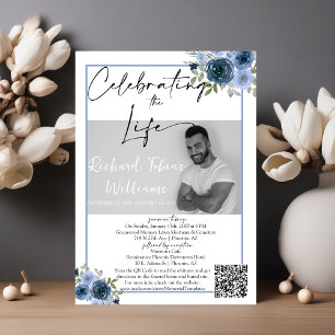 Dusty Blue Floral QR Code Memorial Photo Funeral Invitation