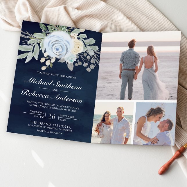 Dusty Blue Floral QR Code Navy Wedding Invitation (Creator Uploaded)
