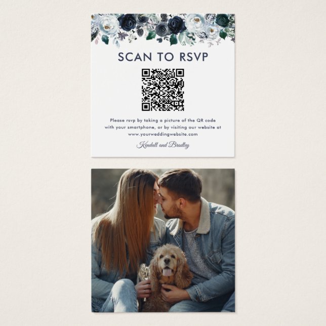 Dusty Blue Floral QR Code photo Mariage RSVP (Devant & derrière)