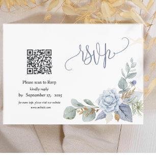 Dusty Blue Floral QR Code RSVP Card 