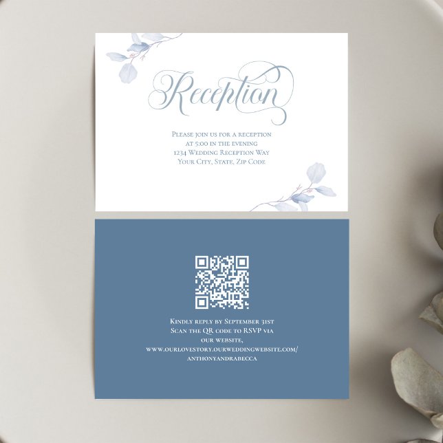 Dusty Blue Floral QR Code Wedding Reception RSVP Card (Elegant dusty blue floral wedding reception card featuring romantic calligraphy typography.)