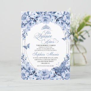 Dusty Blue Floral Quinceanera Birthday Invitation