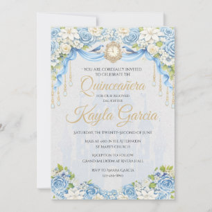 Dusty Blue Floral Quinceañera Invitation Elegant