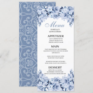 Dusty Blue Floral Quinceanera Menu Invitation