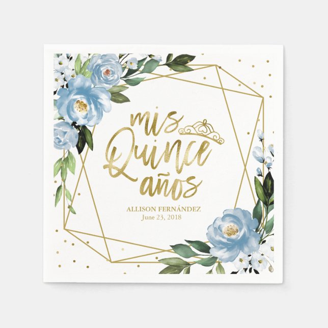 Dusty Blue Floral Quinceanera Napkin (Front)