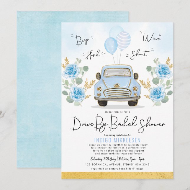 Dusty Blue Floral Retro Car Drive By Bridal Shower Invitation (Front/Back)