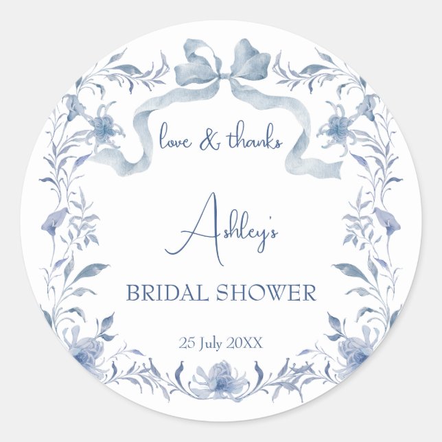 Dusty blue floral ribbon bridal shower favour classic round sticker (Front)