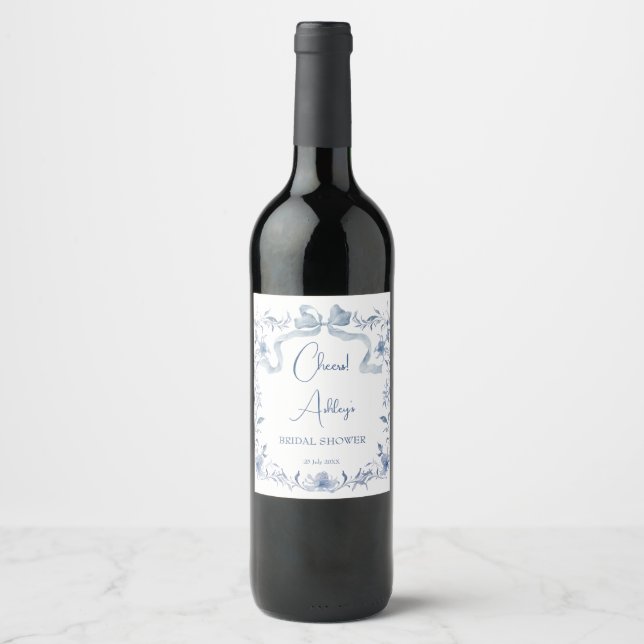 Dusty blue floral ribbon bridal shower favour wine label (Front)