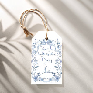 Dusty blue floral ribbon wedding favour gift tags