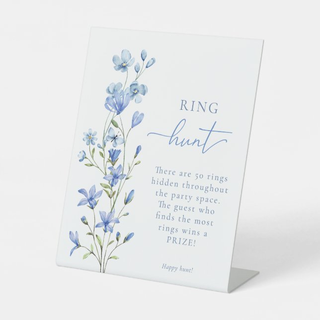 Dusty Blue Floral Ring Hunt Bridal Shower Game Pedestal Sign (Front)