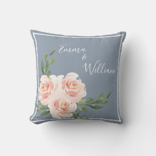 Dusty Blue Floral Romantic Names Script Wedding Throw Pillow