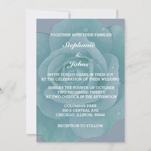 Dusty Blue Floral Rose Bloom Elegant Wedding Invitation (Front)