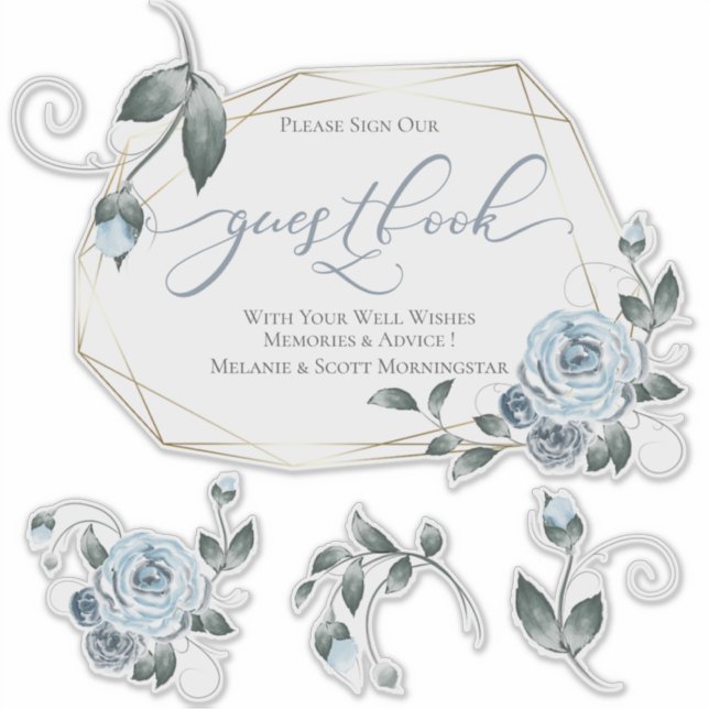 Dusty Blue Floral Rose DIY Guestbook  Sticker (Front)