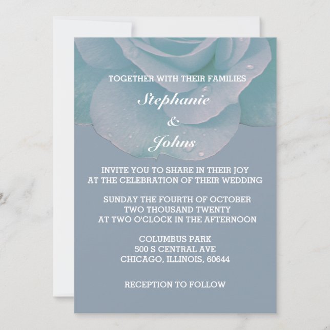 Dusty Blue Floral Rose Elegant Modern Wedding Invitation (Front)