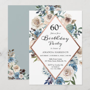 Dusty Blue Floral Rose Gold Birthday Invitation