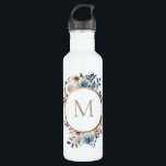 Dusty Blue Floral Rose Gold Frame Monogram 710 Ml Water Bottle<br><div class="desc">Watercolor flowers in dusty blue and neutral cream and taupe with round rose gold frame monogram water bottle. Text font style,  colour,  and size can be personalized.</div>