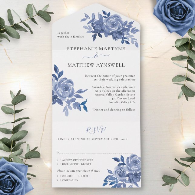 Dusty Blue Floral Roses Foliage Wedding All In One Invitation (Creator Uploaded)