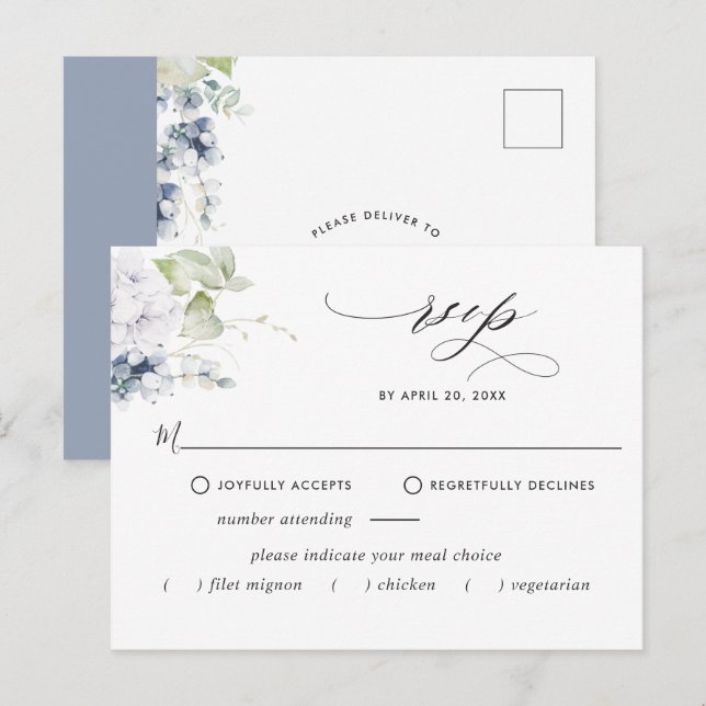 Dusty Blue Floral RSVP Postcard w/without Meals (Front/Back)