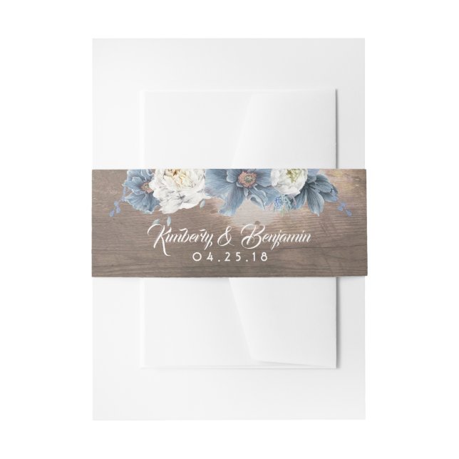 Dusty Blue Floral Rustic Wedding Invitation Belly Band (Front Example)