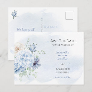 Dusty Blue Floral Save The Date   Announcement Postcard