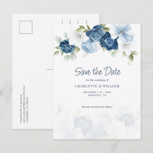 Dusty Blue Floral Save The Date Announcement Postcard